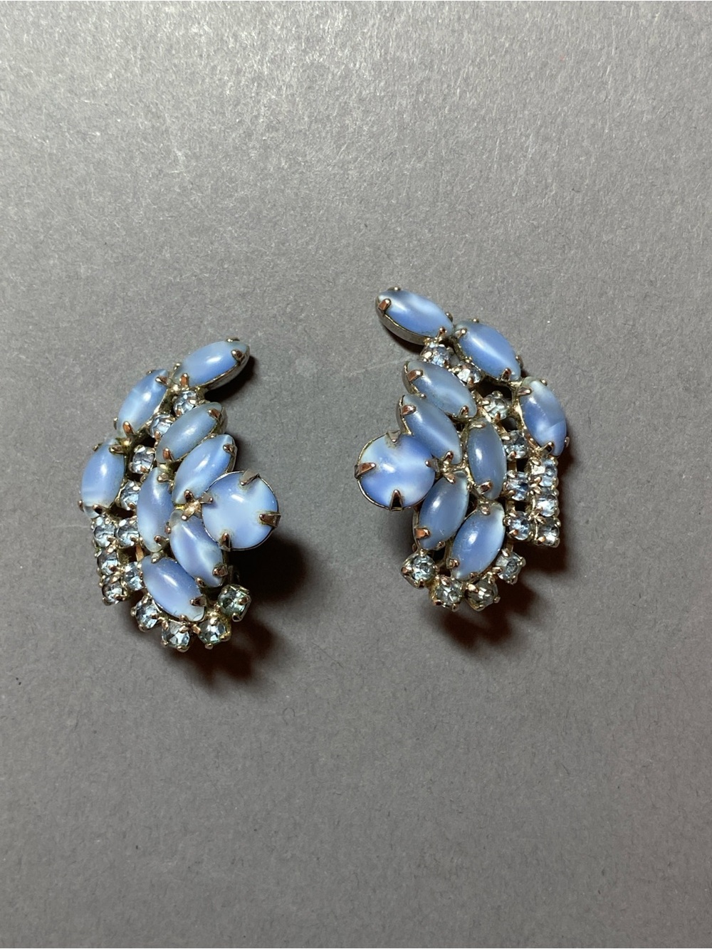 Vintage blue milk glass rhinestone statement clip earrings